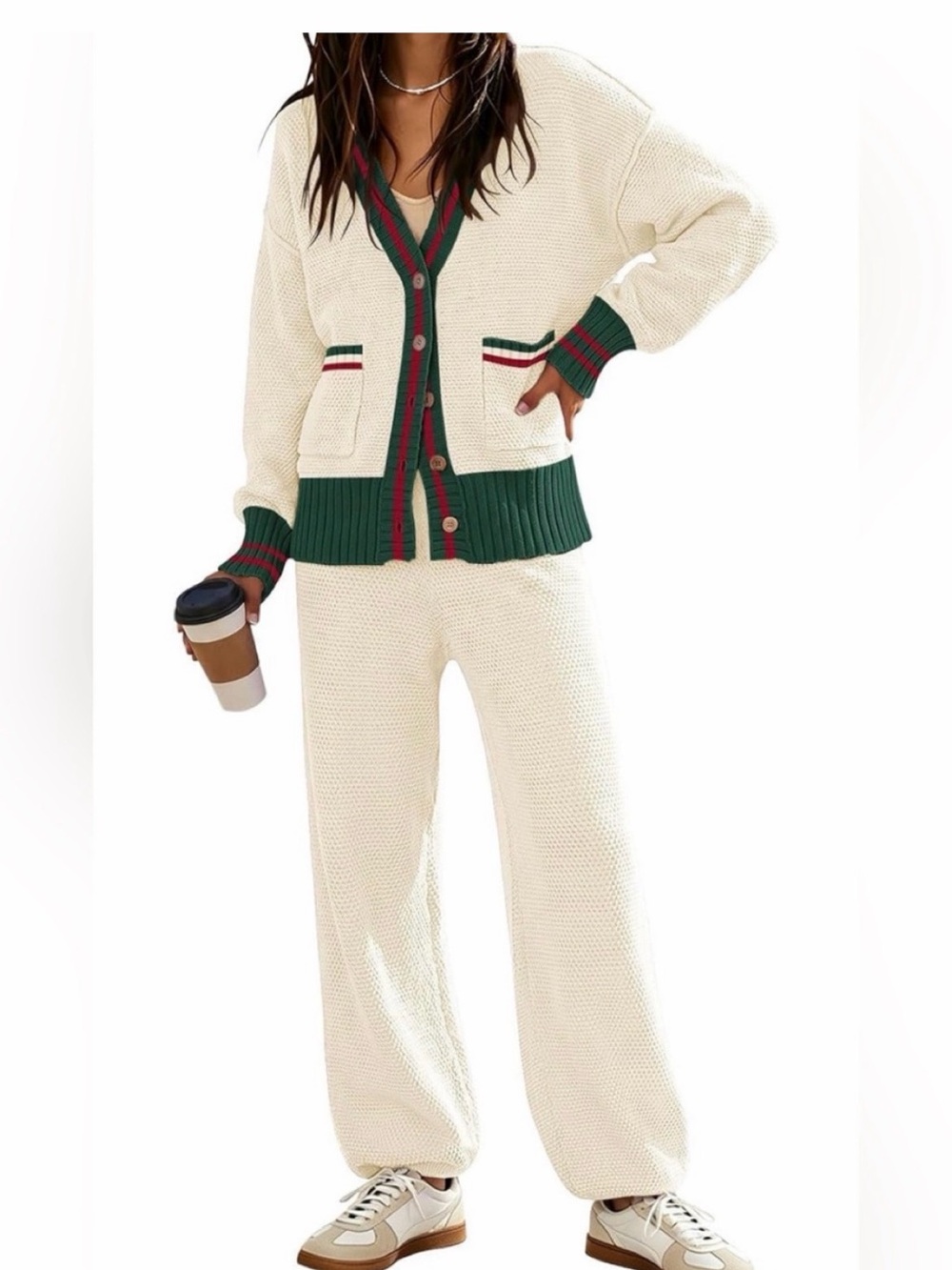 Amazon Cream Knit Cardigan & Pants Set with Green and Red Trim